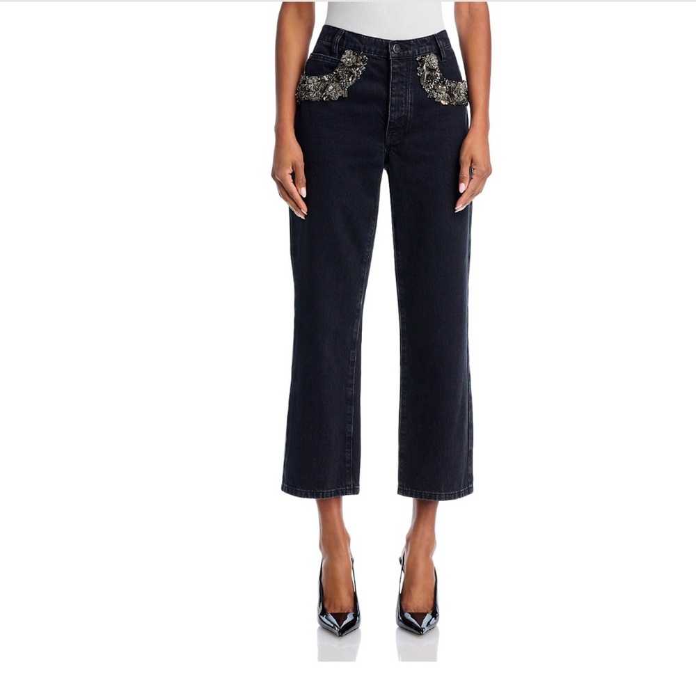 Frame Denim Black Cropped Jeans with Embellished Pockets